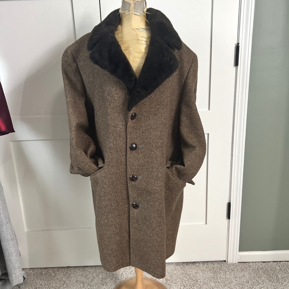 Vintage McGregor Wool Coat Men 44 Brown Herringbone Faux Fur Peaky Blinders